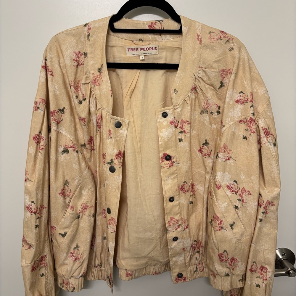 Free People Floral Tan Bomber Jacket